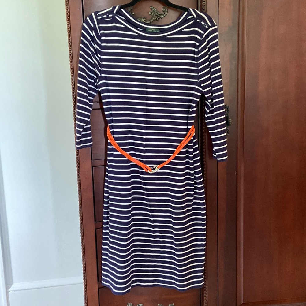 Lauren Ralph Lauren size medium navy and white cotton dress with orange belt